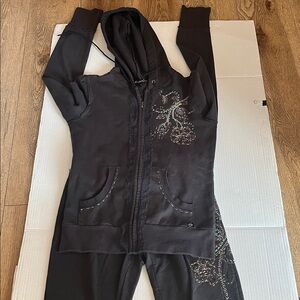 Black Embellished Zip Hoodie set with pants distressed